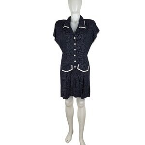 S. Roberts Vintage 80s Polka Dot Romper Navy Blue White Button Front Rayon 11/12